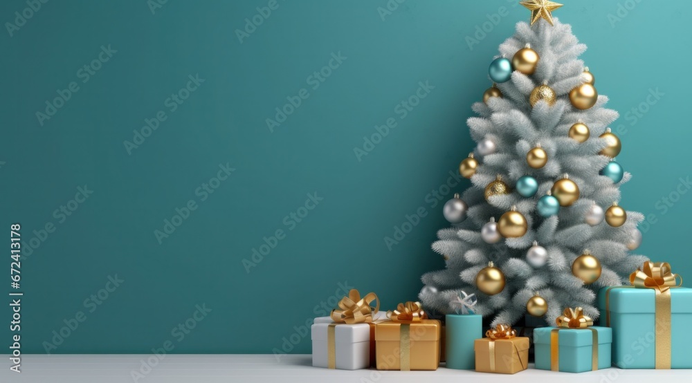 hristmas tree with golden, blue and white ornaments and presents on turquoise background