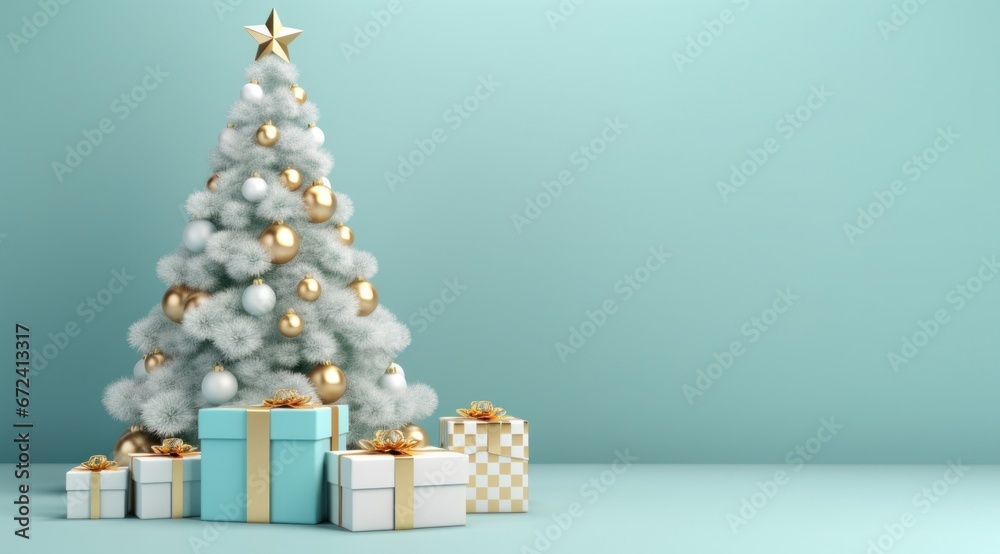 hristmas tree with golden, blue and white ornaments and presents on turquoise background