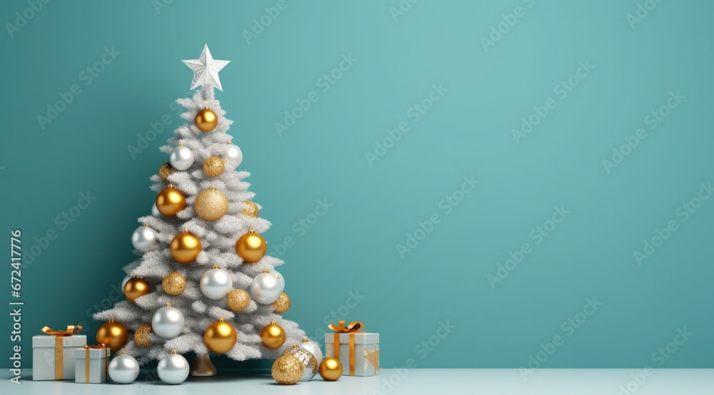 hristmas tree with golden, blue and white ornaments and presents on turquoise background