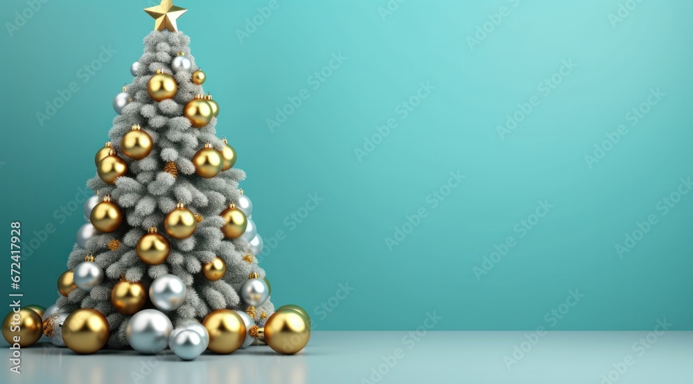 hristmas tree with golden, blue and white ornaments and presents on turquoise background