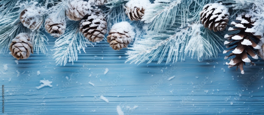 A blue wooden texture serves as the backdrop for a wintery Christmas scene complete with fir branches cones and snow