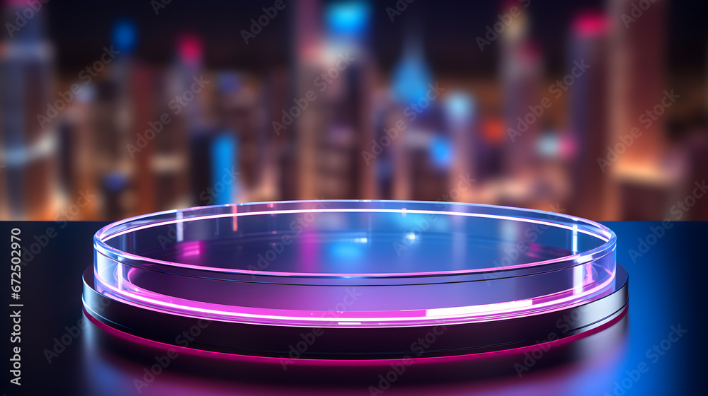 empty neon glass round podium on sky city background for presentation, Empty showcase for cosmetic product presentation, promotion sale, 3d podium