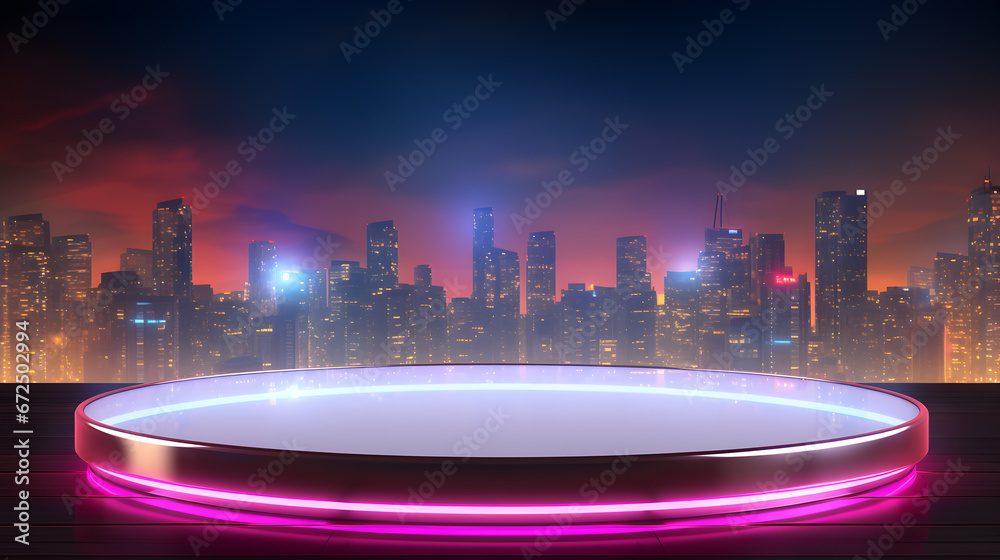 empty neon glass round podium on sky city background for presentation, Empty showcase for cosmetic product presentation, promotion sale, 3d podium