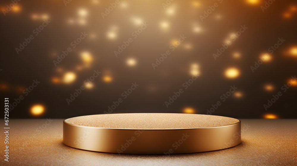  empty golden glass round podium for presentation  on blur background,  Empty showcase for cosmetic product presentation, promotion sale.Christmas podium, 