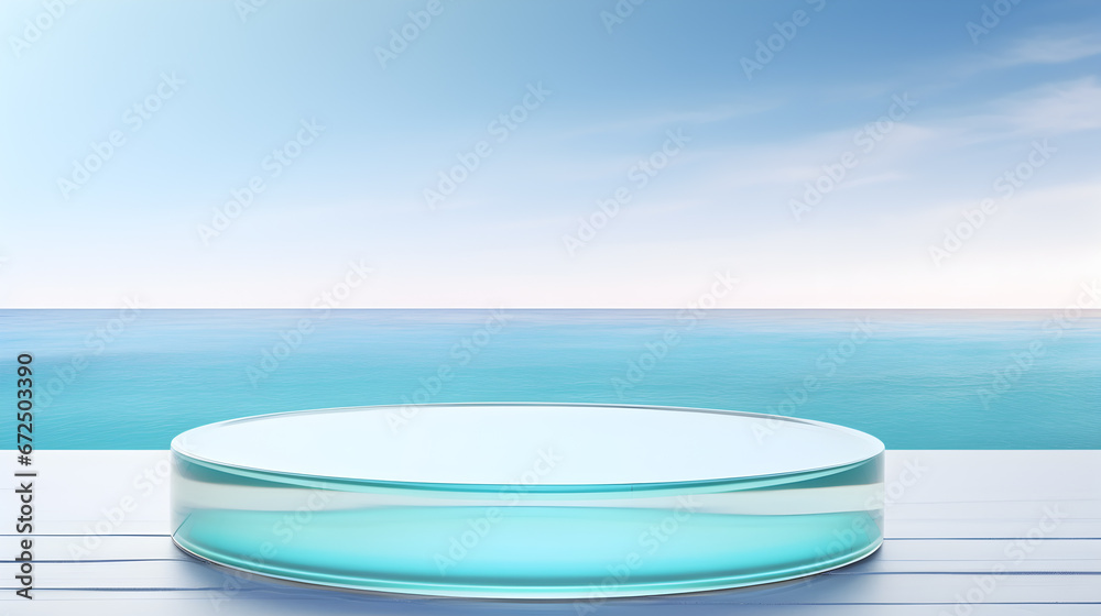  circle transparent glass podium in beach and blue sky for product presentation and green wall, 3d podium