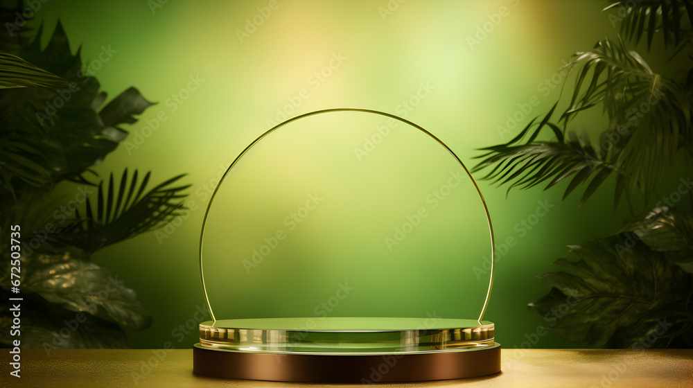 Christmas podium stand with circle transparent glass backdrop in tropical forest for product presentation and green wall, 3d podium