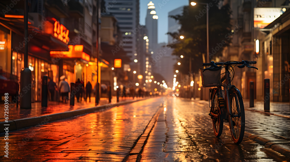 bicycle lane in a bustling city, emphasizing alternative and eco-friendly modes of transportation. arafed view of a wet street with a bicycle on the sidewalk