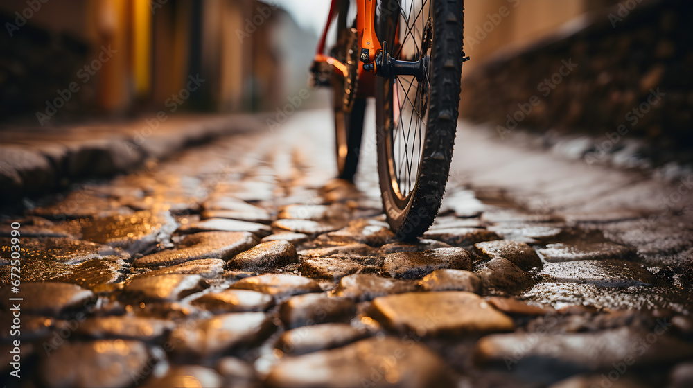 bicycle lane in a bustling city, emphasizing alternative and eco-friendly modes of transportation. arafed view of a wet street with a bicycle on the sidewalk