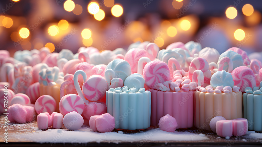 birthday cake with candles and flowers, blue pink candy in winter on blur backgrpund