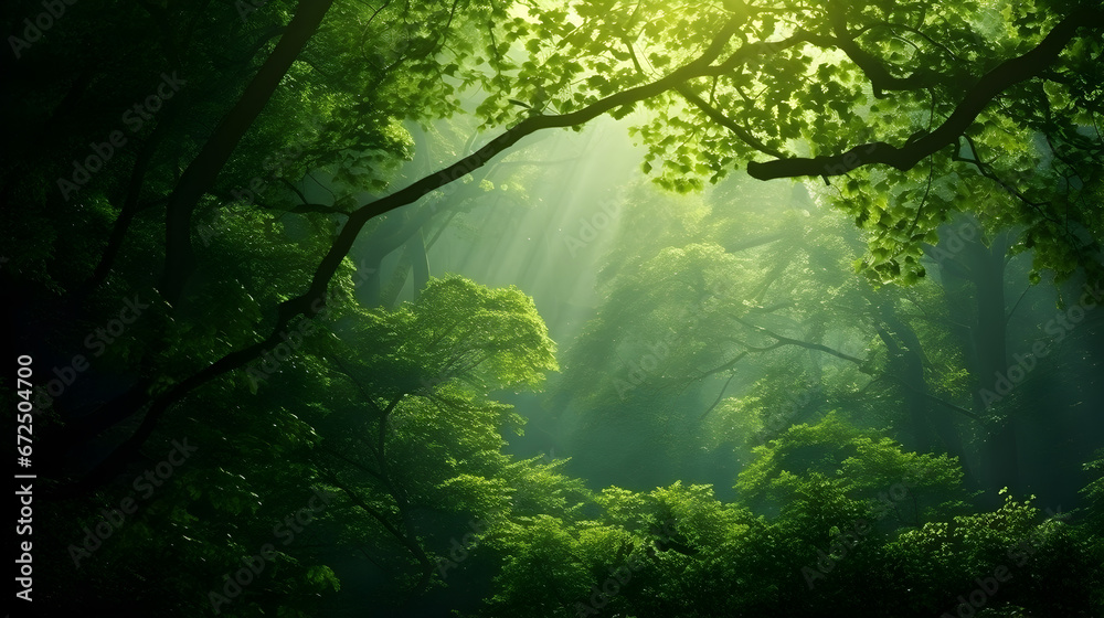 sunlight shining through the trees in a forest with green leaves.This nature-themed asset is perfect for designs related to outdoors, environment, tranquility, and natural beauty.