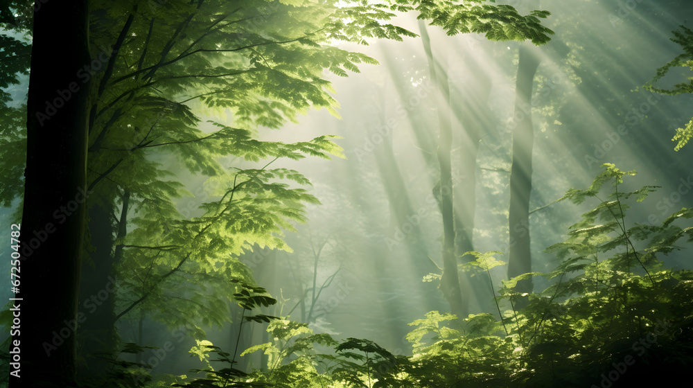 sunlight shining through the trees in a forest with green leaves.This nature-themed asset is perfect for designs related to outdoors, environment, tranquility, and natural beauty.