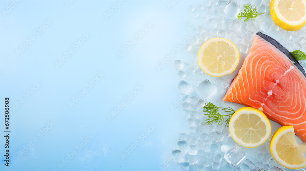 there are three pieces of fish and lemons on ice on blue. It is suitable for food-related projects, such as menus, recipe books, or restaurant advertisements, giving a fresh and appetizing appearance.