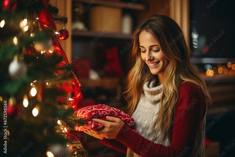 A young smiling woman puts a Christmas present under the tree