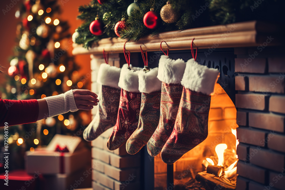 A woman reaches for a stocking with Christmas presents by the fireplace