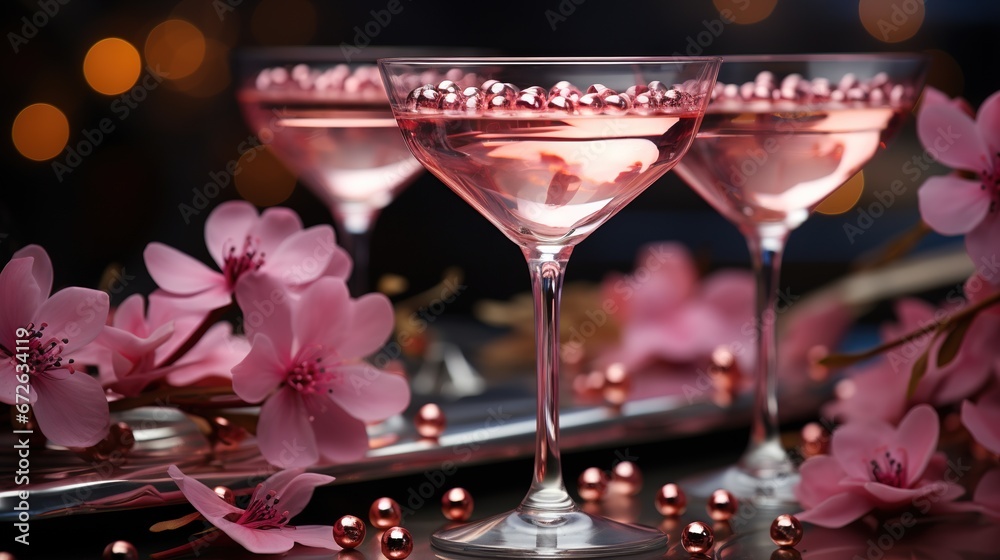 A group of stylish pink girlish cocktails in glasses with high stems at the bar counter. Generative AI