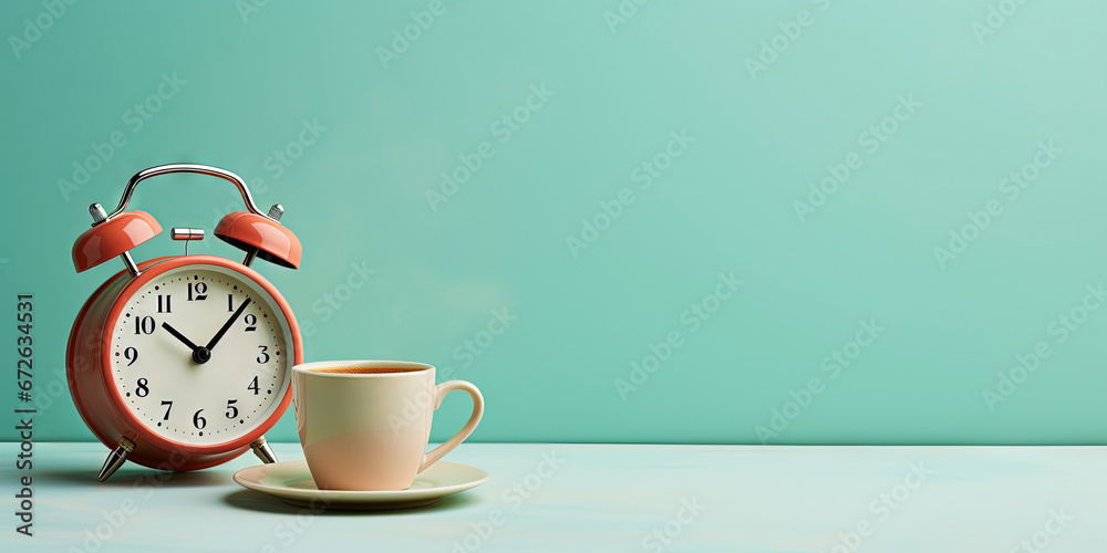 Vintage alarm clock and cup of coffee on the uniform pastel backdrop with a copy space. Generative AI