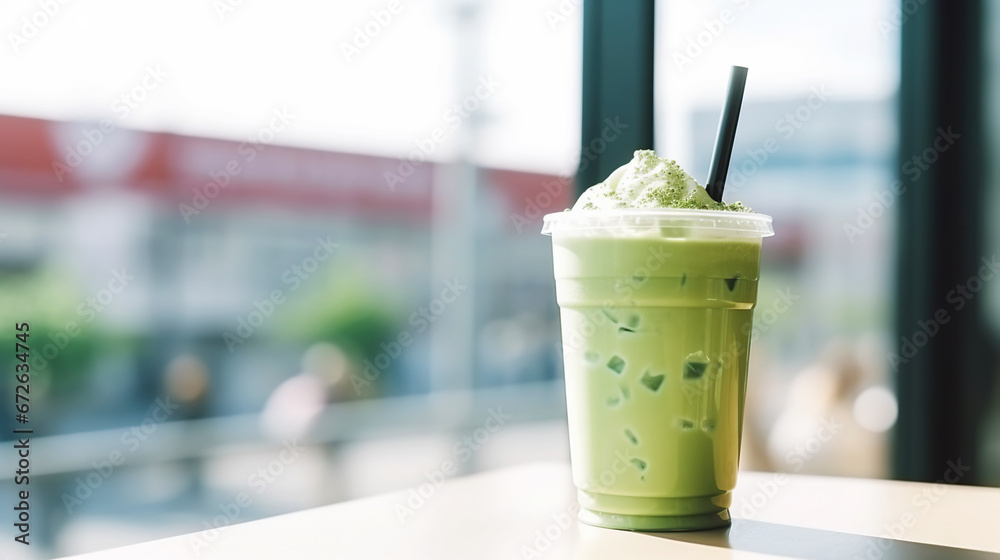 Closeup of iced matcha latte in a stylish glass on sunny background in front of the window in a cafe. Generative AI