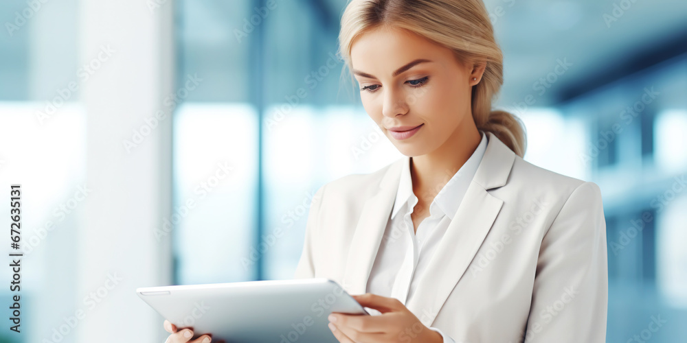 Medical hospital portrait: Confident female medical doctor using tablet . Healthcare concept. Generative AI