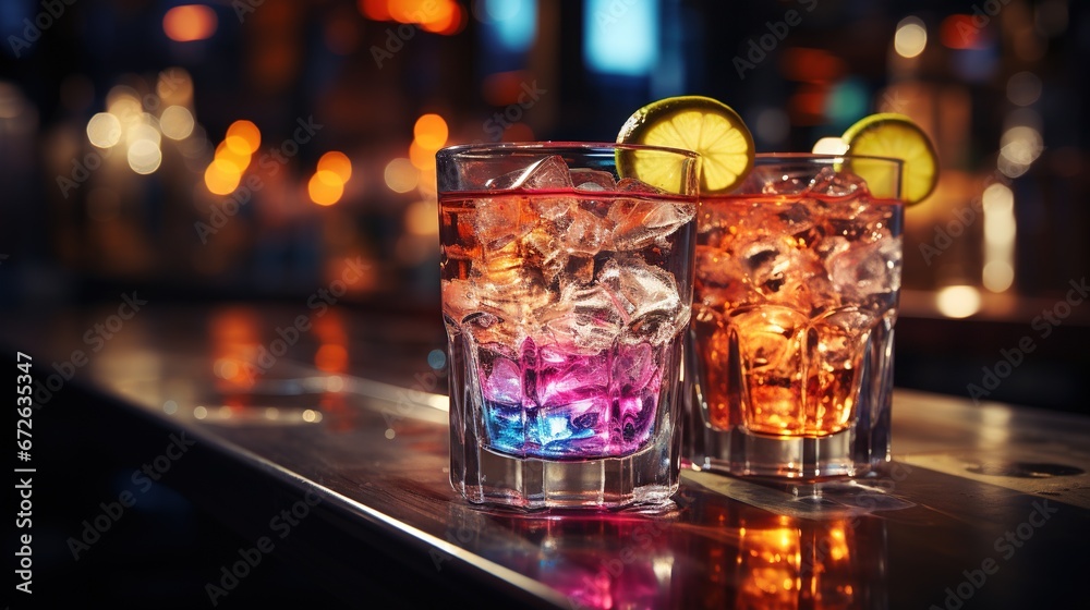 Close-up of group of stylish coloured cocktails with ice and lemon on the bar counter. Generative AI