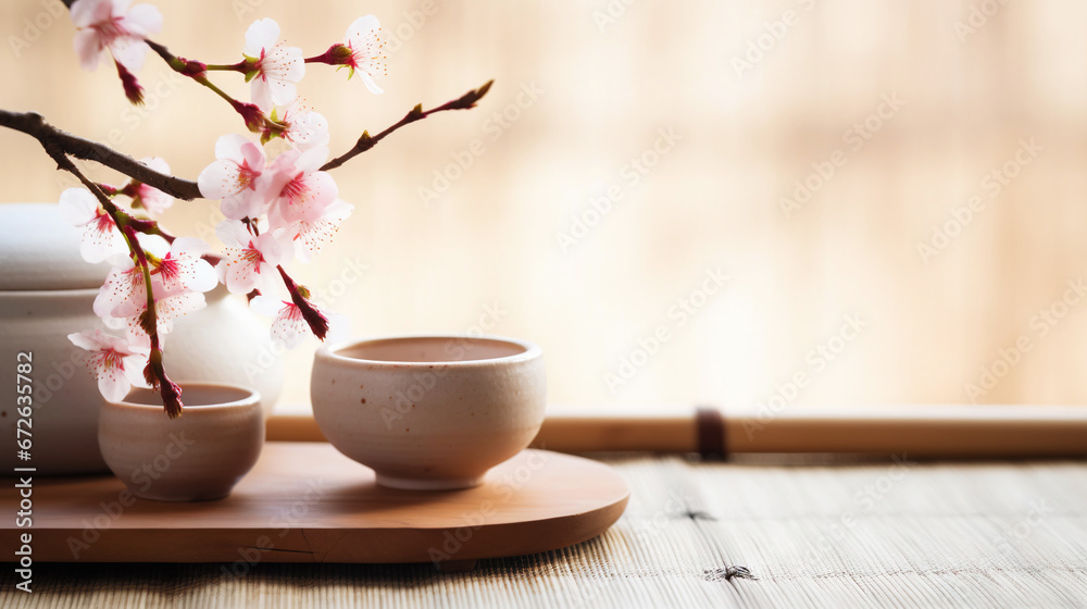 Tea ceremony, traditional teapot and ceramic cups on wooden tray on light background with sakura blossoms. Generative AI