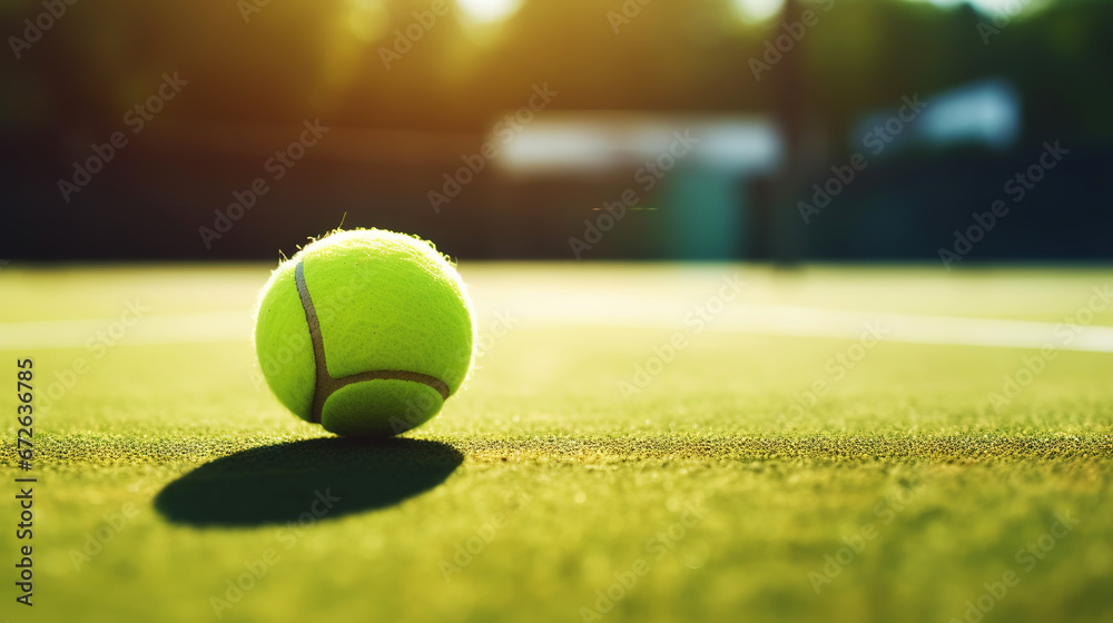 Closeup of tennis ball on empty court. Tennis match on sunny day. Concept of a sporty lifestyle. Generative AI