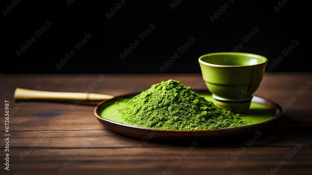 Closeup of matcha tea powder in a wooden plate with whisk on dark background, side view, copy space. Generative AI