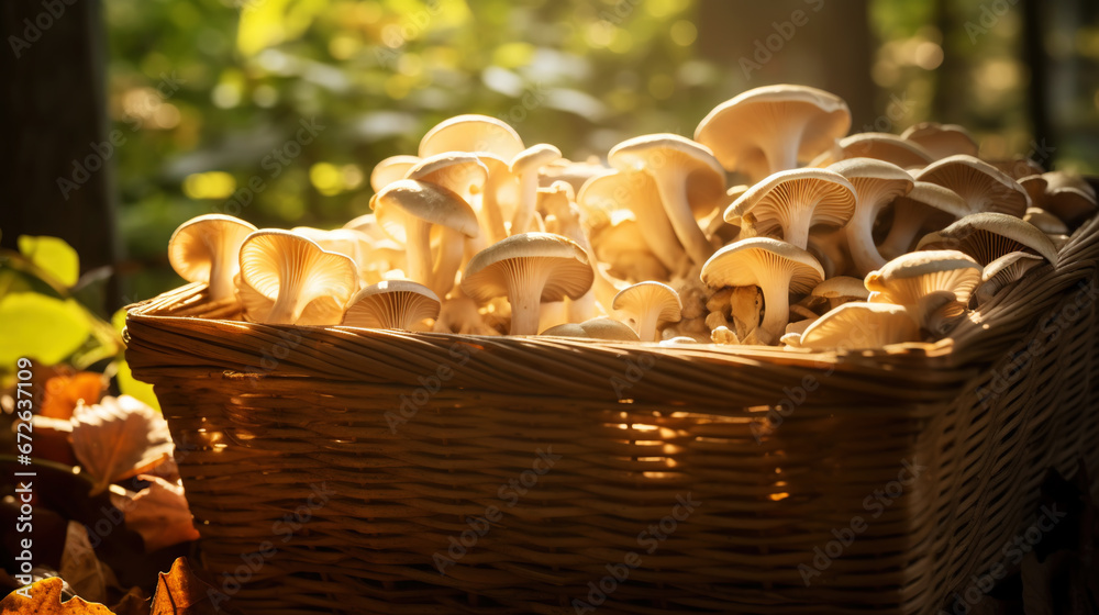 Oyster mushrooms in a wooden basket on a blurred background of the autumn forest. Generative AI