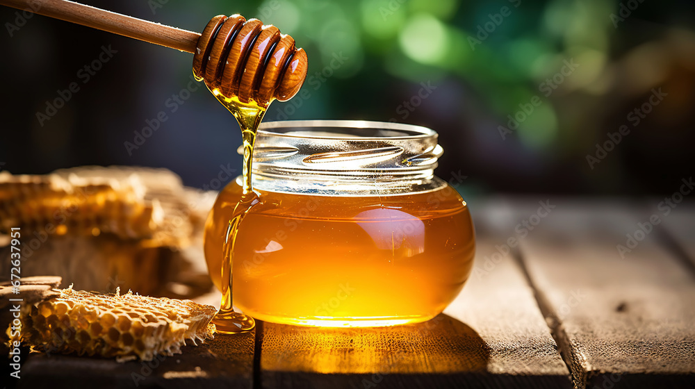 Close-up of a jar of honey with a honey dipper on a wooden table with a green natural background. Generative AI