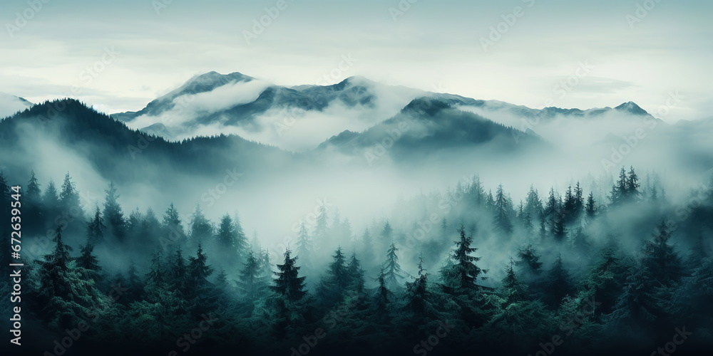 Misty mountain landscape with fir forest in vintage retro style. Generative AI