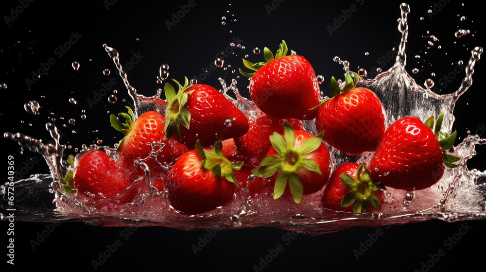 Fresh strawberry with water splashes on dark background. Generative AI