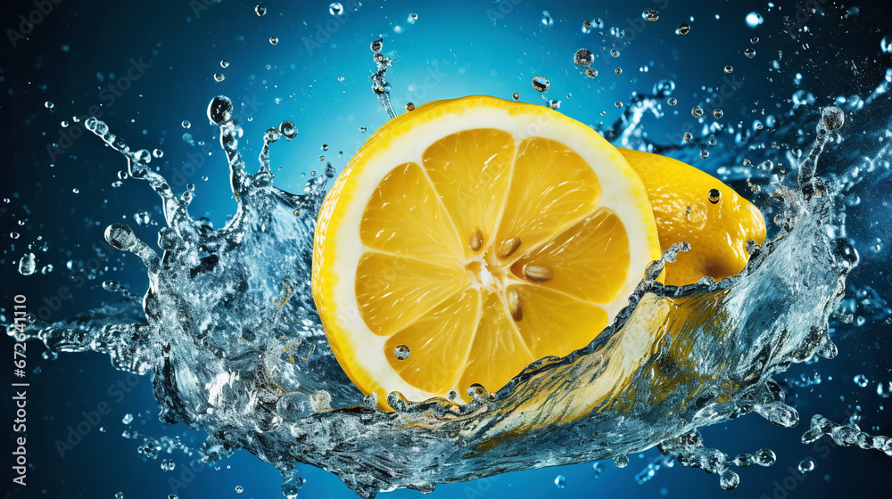 Fresh lemon with water splashes on dark background. Generative AI