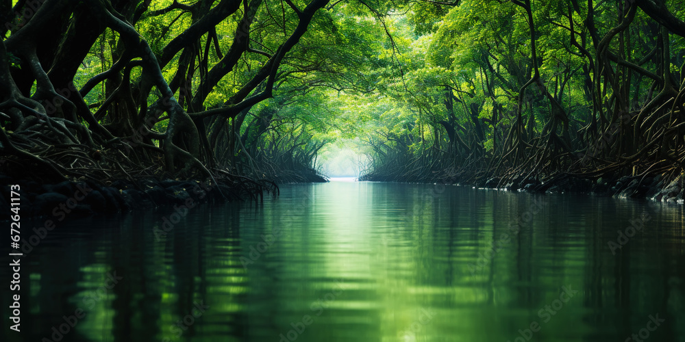 Mangrove forest and calm river in the morning. Minimalist landscape. Generative AI