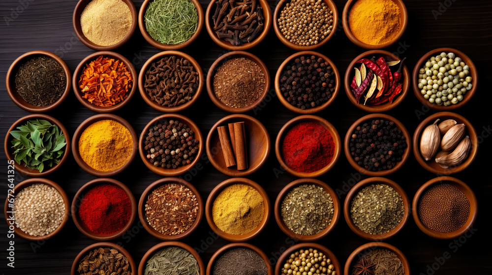 Collection of different aromatic spices and herbs in a wooden plates on dark background, view from above. Generative AI