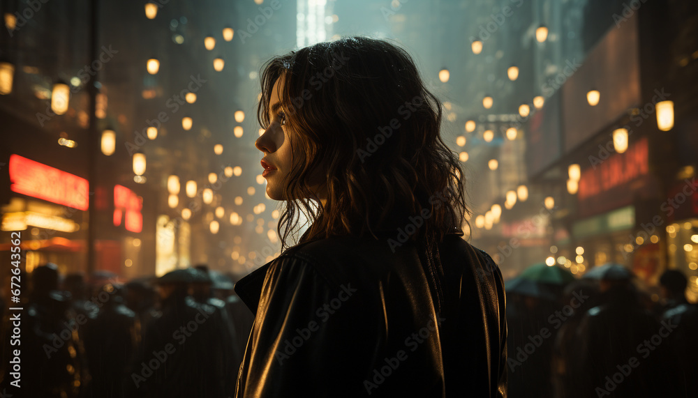 Young women walking in the city at night, illuminated by street lights generated by AI