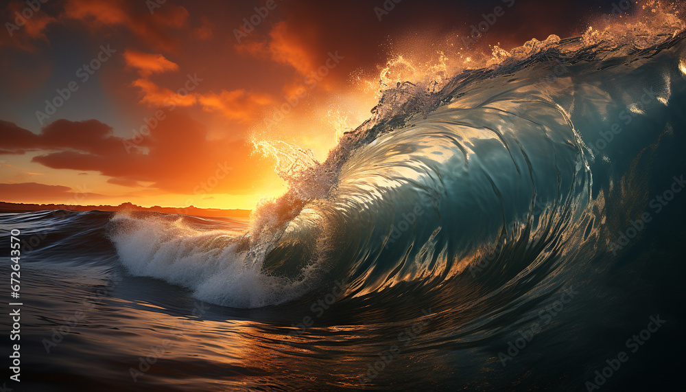 Sunset surf, nature beauty in extreme sports, reflecting the coastline generated by AI