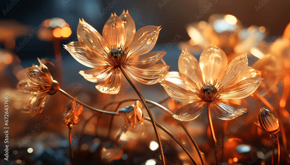 Vibrant daisy blossom in a meadow, backlit by the sunset generated by AI