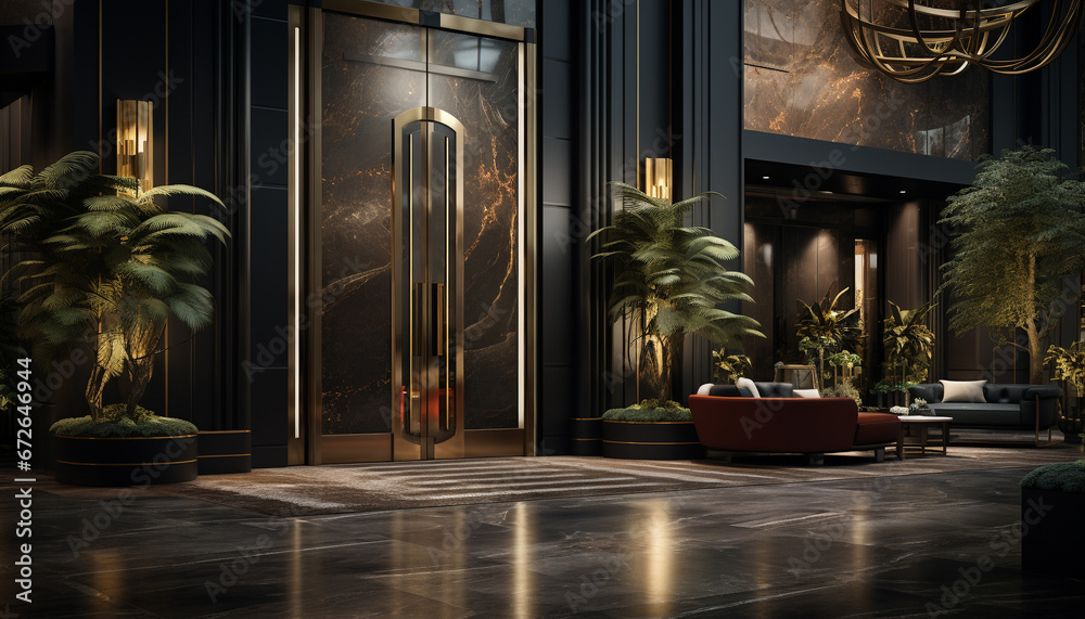 Inside a modern, luxurious apartment, the illuminated entrance hall welcomes generated by AI