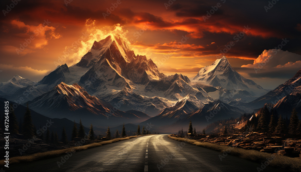 Majestic mountain peak, snow capped, sunset paints nature tranquil beauty generated by AI