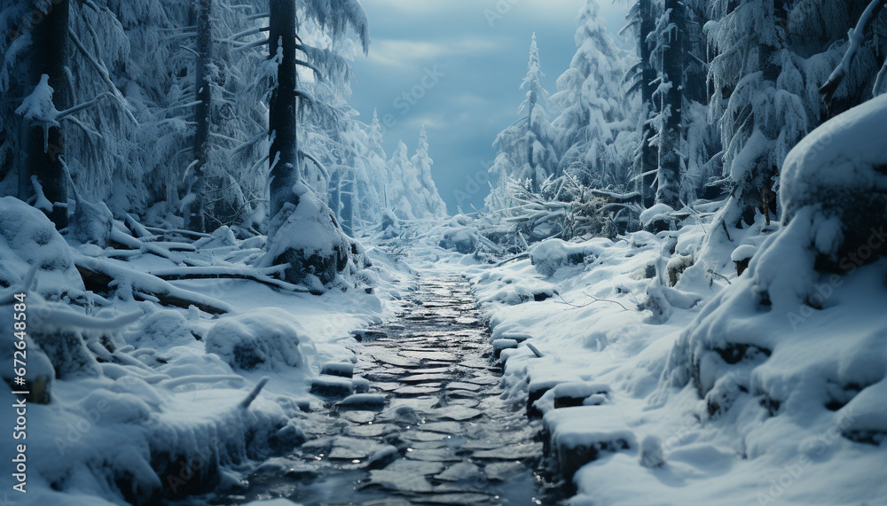 Tranquil scene of frozen forest, snow covered mountains, and icy water generated by AI