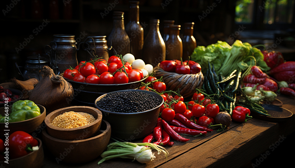 Fresh organic vegetables, ripe and healthy, adorn the wooden table generated by AI