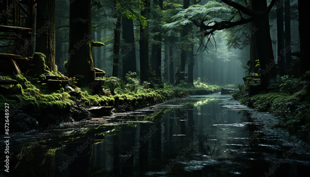 Tranquil scene  foggy forest, green trees, wet footpath, mysterious beauty generated by AI