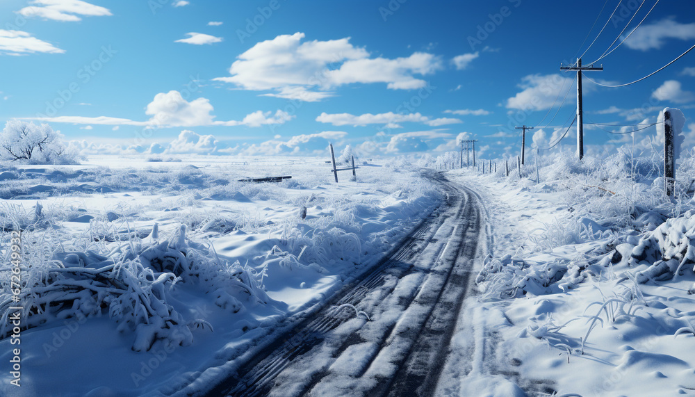 Snow covered mountains create a tranquil winter landscape of frozen beauty generated by AI