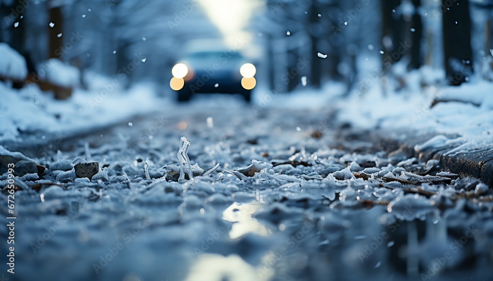 Driving on slippery winter roads, headlights illuminate the snowy landscape generated by AI