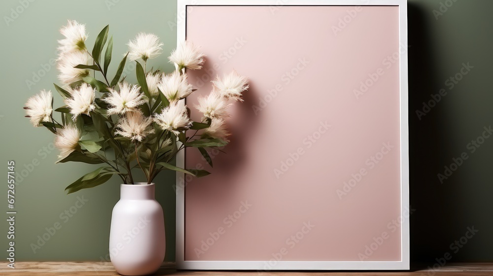 Wooden frame mockup on a desk with vases with flowers. Dark background. Generative AI