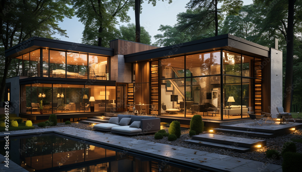 Modern architecture illuminates the night with luxury and elegance indoors generated by AI