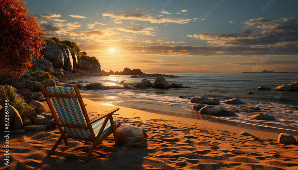 Sunset over the tranquil coastline, a perfect summer vacation destination generated by AI