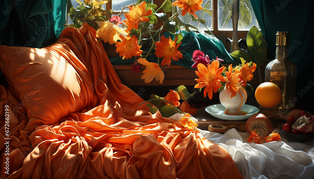 Comfortable autumn bedroom with fresh flowers and elegant orange decor generated by AI