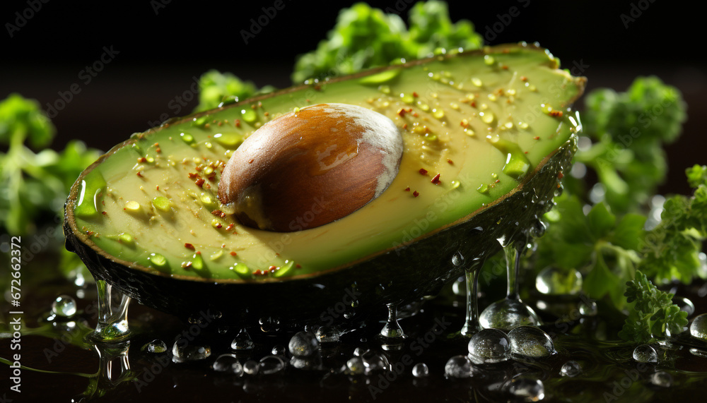 Avocado slice, fresh green gourmet, healthy eating, organic vegetarian salad generated by AI