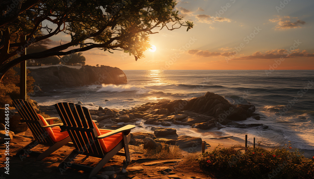 Sunset over tranquil coastline, waves crash on sandy shores, nature beauty generated by AI