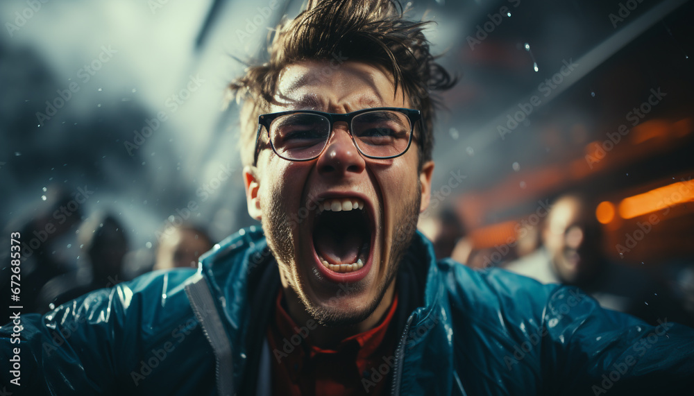 A smiling man shouting in the rain, enjoying the nightlife generated by AI